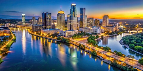 Nighttime aerial view of Austin, Texas skyline and Colorado River , Austin, Texas, aerial view, skyline, city lights