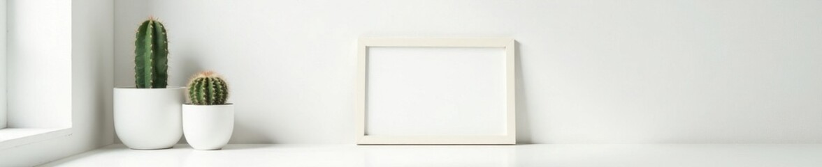 Fototapeta premium White desk, cactus, empty picture frame mockup, office, isolated