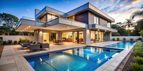 Fototapeta premium Modern luxury home featuring a spacious pool and patio area, luxury, modern, home, pool, patio, contemporary