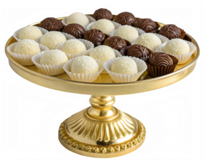 A luxurious, golden cake stand holding an array of round, bite-sized desserts arranged