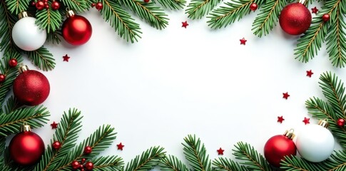 Festive red, green, white ornaments & branches border Ideal for Christmas cards & invitations , design element, christmas border, branches