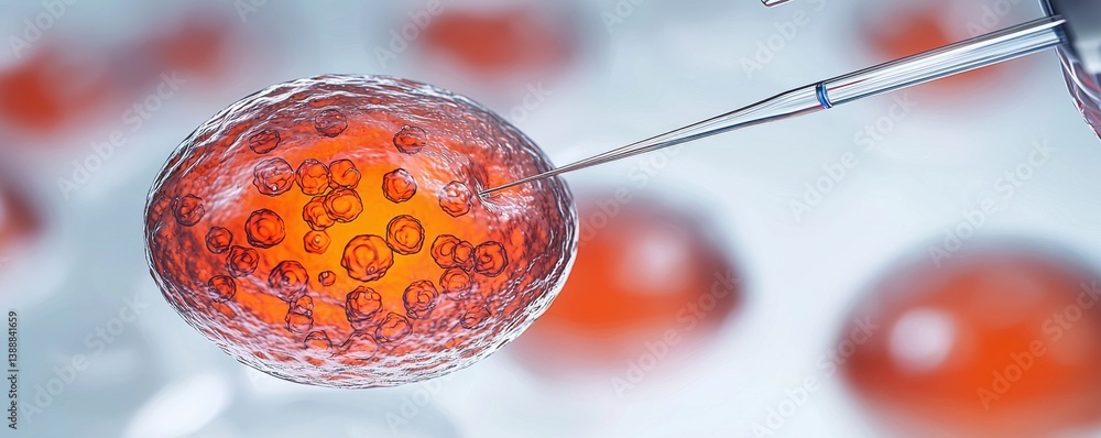 Poster egg cell during a lab procedure showcasing genetic content transformation and enhancement through a 