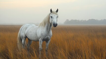 Obraz premium Gray horse stands majestically in field, misty background