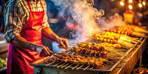 Street food vendor preparing delicious Satay Padang on a grill at a vibrant night market , street food, vendor