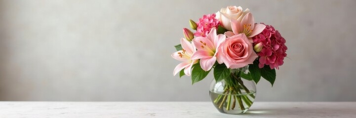 Elegant roses, lilies, and hydrangeas in a glass vase, bright, flowers, flora