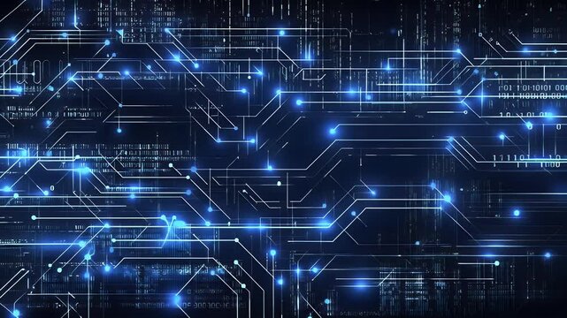 Abstract blue technology background with circuit patterns and glowing nodes