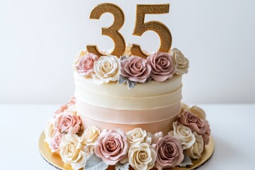 Elegant 35th birthday cake with roses, studio shot, celebration