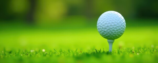 White golf ball on tee, nestled in green grass, close-up, outdoor