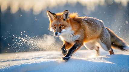 Fototapeta premium red fox pouncing on prey in snow, bright winter sunlight