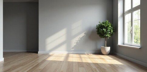 Fototapeta premium Spacious gray room, polished wood floor Calm, serene atmosphere , calm, design, empty space