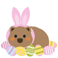 Wombat, Easter, bunny ears, eggs, basket, heart, cute, cartoon, holiday, spring, festive, pastel, kawaii, animal, marsupial, greeting, celebration, design, graphic, illustration