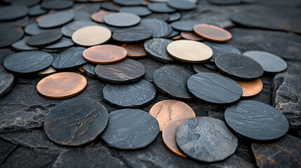 A Collection of Round Slate and Metal Discs in Random Arrangement on Rock Textured Surface