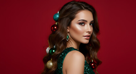 Beautiful young woman with christmas ornaments in her hair is posing in profile on a red background.