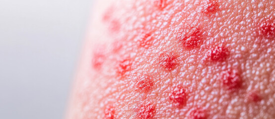 close up of skin showing redness and red spots, indicating irritation or skin condition. texture of skin is visible, highlighting uneven surface and vibrant red spots that evoke concern
