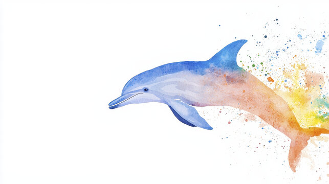 vibrant watercolor illustration of dolphin gracefully swimming, showcasing splashes of color that evoke sense of joy and freedom