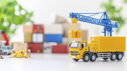 logistics team operates toy truck and crane, showcasing teamwork in vibrant environment filled with colorful containers