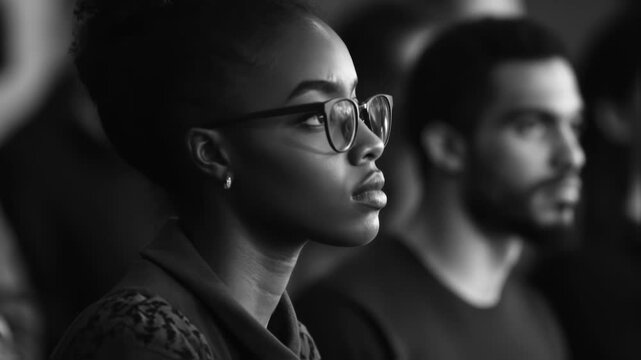 Young black woman politician wearing eyeglasses listening attentively to a political speech during a political meeting with other politicians