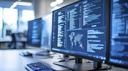 Fototapeta premium modern workspace featuring multiple computer monitors displaying code and data visualizations, creating tech savvy atmosphere