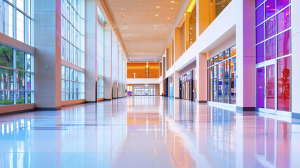 spacious modern hallway with large windows, vibrant colors, and polished floors creates inviting atmosphere