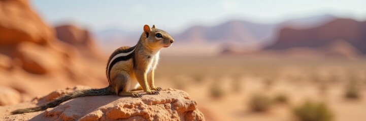 Obraz premium Small desert squirrel basking on a rock outcrop , fauna, small mammal, warmth