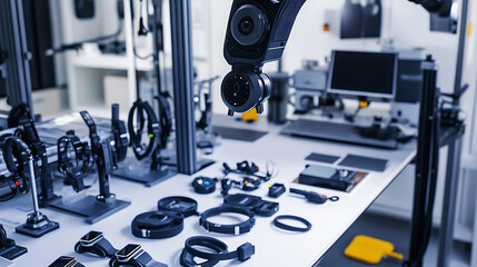 A mechanical arm in an advanced smart wearable production facility, surrounded by smartwatches, fitness trackers