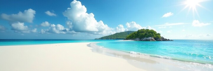 White sand beach, distant green island silhouette, idyllic, serenity