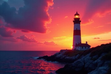 Fototapeta premium Solitary lighthouse silhouetted against vibrant sunset sky, sky, calm, lighthouse