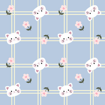 Vector pattern of fabric, wallpaper, gift wrap, mat and bed sheet. Continuous and repeatable. Cute style. Designed with cute cartoon cat , flower and plaid pattern.
