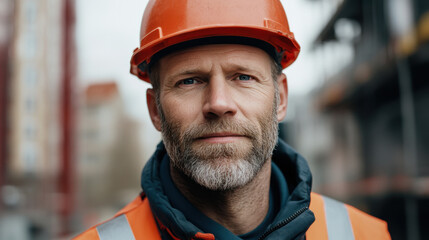 confident electrician wearing orange hard hat and safety vest stands at construction site, showcasing his expertise and dedication to his work