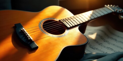 Naklejka premium Sunlit guitar, open notebook, music notes visible, chord, guitar