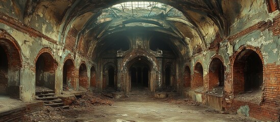 Fototapeta premium Abandoned arch chamber cult worship ritual room. Generative AI technology.