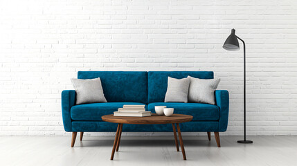 Modern Living Room with Teal Sofa Book Display and Cozy Lamp Against White Brick Wall Backdrop