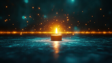 Naklejka premium glowing candle illuminates dark, vast space, creating serene atmosphere filled with sparkling lights. warm flame stands out against cool background, evoking sense of calm and tranquility