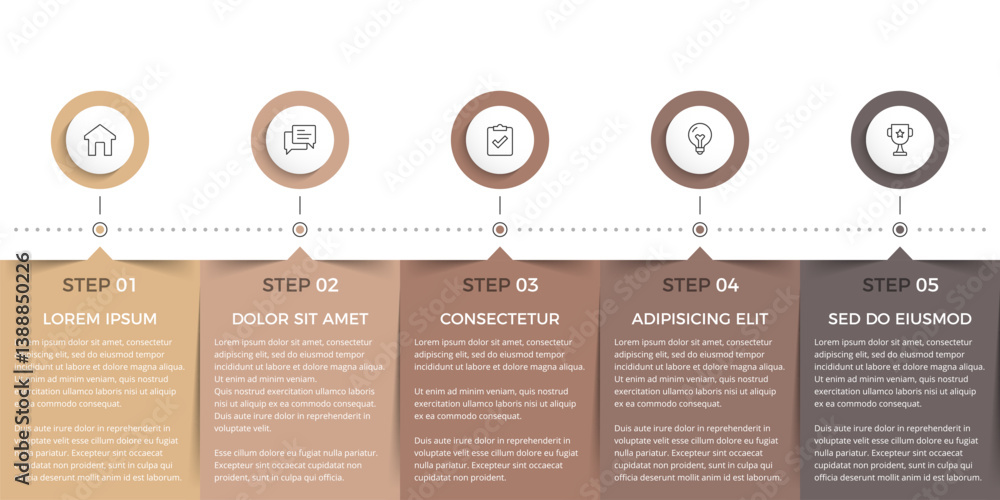 Poster five rectangular elements for your text and circles for your icons, five steps of a process or workf