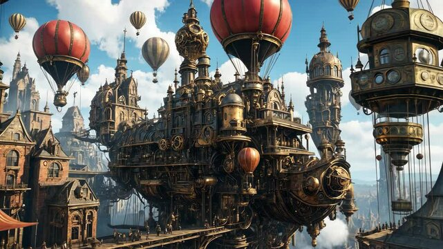 Steampunk metropolis aerial view showcases grand architecture and fanciful hot air balloon transport