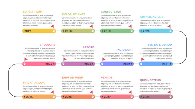 Timeline infographic template with 12 elements and arrows guiding the progression, vector eps10 illustration