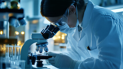 A scientist using a microscope in a laboratory, clean research lab with test tubes and beakers in the background, High-tech style