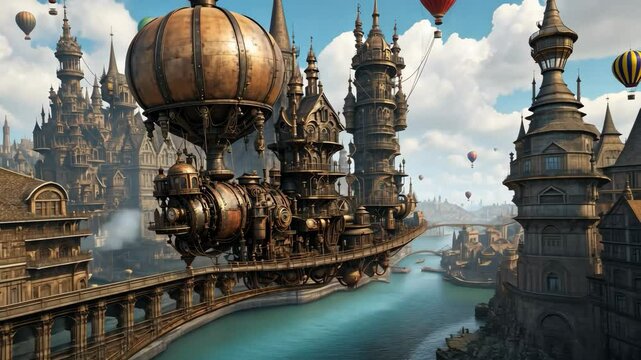 Steampunk metropolis: A captivating aerial view of a vintage city with fantastical airships
