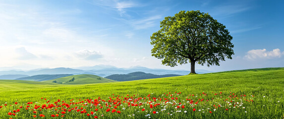 Serene Landscape with Tree and Wildflowers on Grassy Hillside under a Brilliant Blue Sky