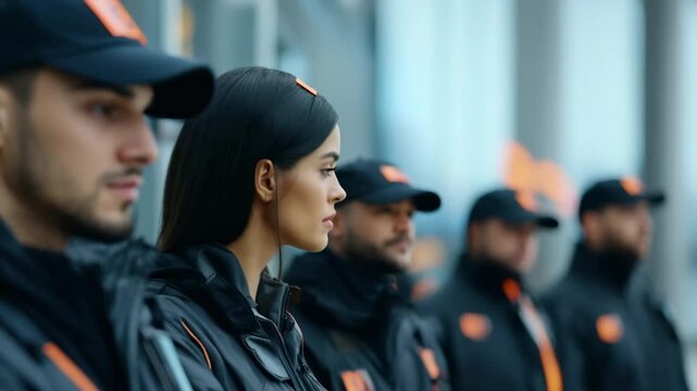 Focused male and female security guards in matching uniforms standing in line on duty outdoors.

