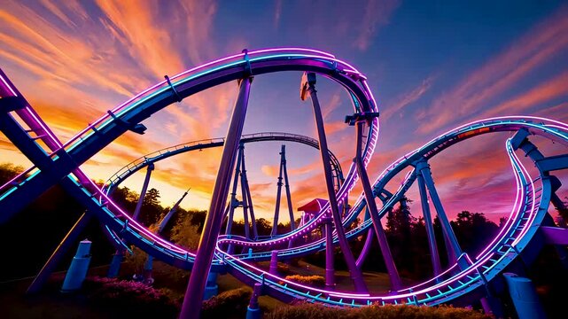 Colorful roller coaster tracks looping at sunset in amusement park with neon lights