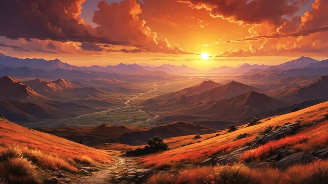 Golden Hour Majesty: A Panoramic Mountain Vista at Sunset, Enveloping Serenity and Tranquility