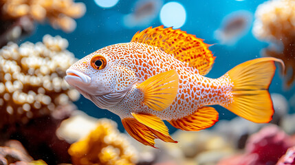 Obraz premium Vibrant Orange and White Spotted Fish Swimming Gracefully Underwater Habitat Close Up Detailed