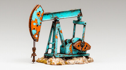 Weathered Oil Pump Jack Rusting Teal and Orange Color Scheme Miniature Display on Small Base