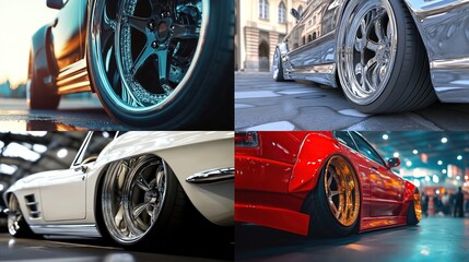 Close-up collage showcasing various car wheels and tires.
