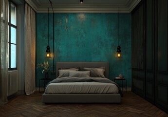 Luxurious bedroom interior featuring bed with teal wall and pendant lighting