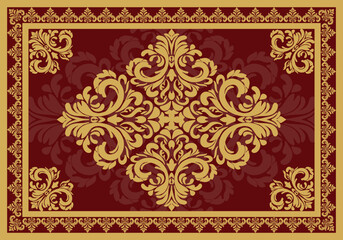 Luxury vintage damask pattern with golden floral elements on a rich burgundy background. Ideal for textiles, wallpapers, and interior design themes.