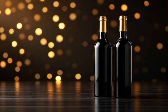 Two elegant wine bottles with gold foil caps against a dark wooden surface. Blurred golden bokeh lights in the background create a luxurious ambiance. - Powered by Adobe