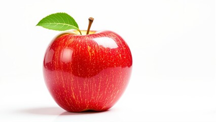 Fresh red apple with green leaf on white background.
