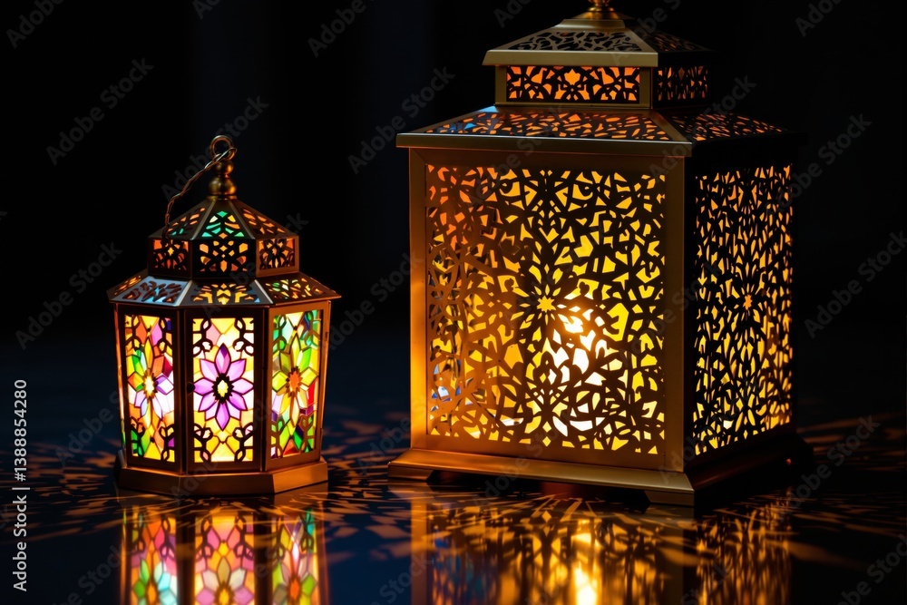 Poster Ornate lanterns with intricate patterns casting warm light in a dark background.